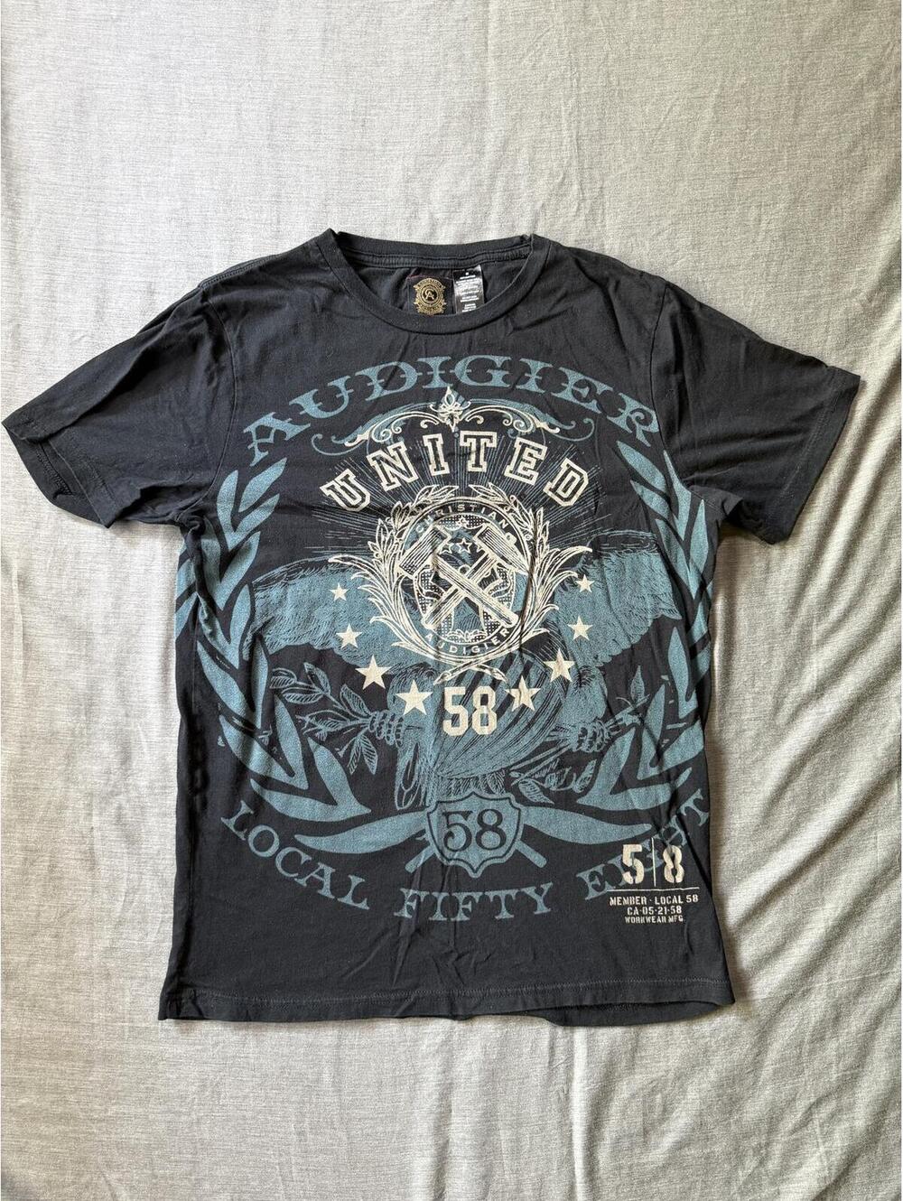 Christian Audigier AOP Local 58 Worker Graphic Short Sleeve Tee Mens Sz M Black